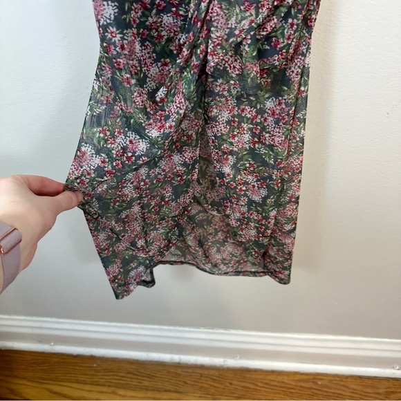 Allison Joy | Green and Pink Floral Mesh Ruched Front Midi Dress Size Small - Picture 5 of 6